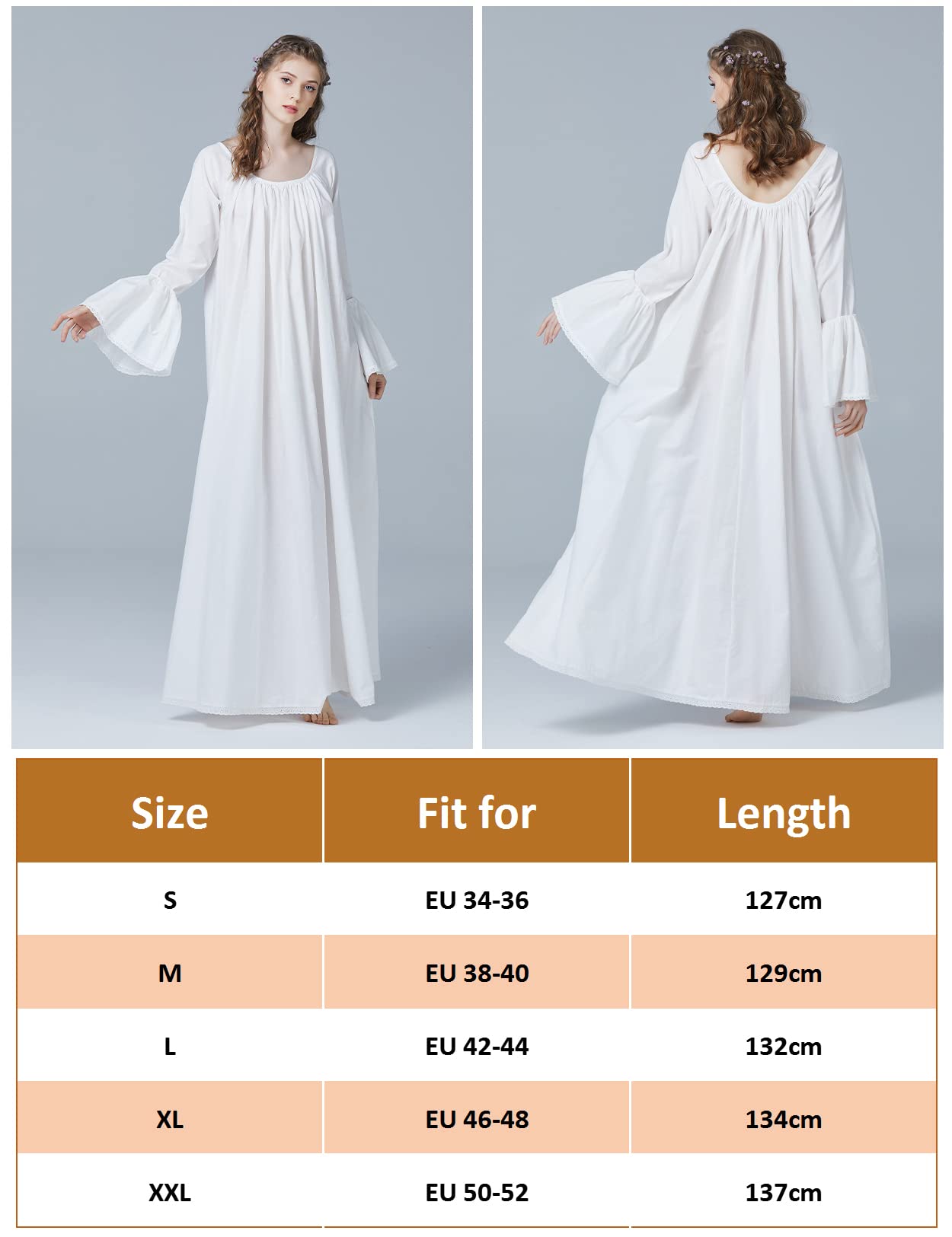 BEAUTELICATE Viktorianisches Nachthemd Langarm 100% Baumwolle Lang Nachtkleid Für Damen Braut Hochzeit Loses Retro Nachtwäsche Elfenbein