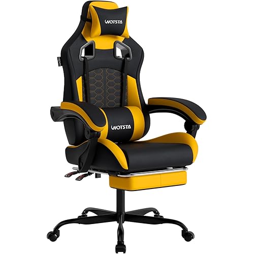 Gaming Chair with Massage,Ergonomic PC Gaming Chair with Footrest Comfortable Headrest and Lumbar Support,High Back Game Chair PVC Leather,300LBS (BlackYellow)