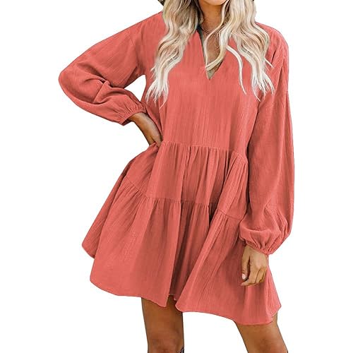 FANCYINN Women’s Cute Shift Dress with Pockets Bell Sleeve Ruffle Hem V Neck Loose Swing Tunic Mini Dress
