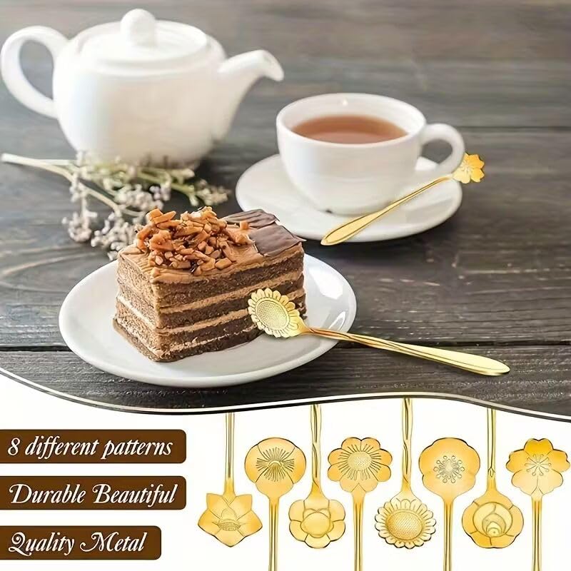 Deriz Gold 8Pcs Flower Dessert Spoon Set 8 Pcs | Stainless Steel Tea Coffee Spoon | Floral Design Ice Cream Cake Spoon | Luxury Mini Spoon for Dessert Tea Party Kitchen Tableware Gift Set 4