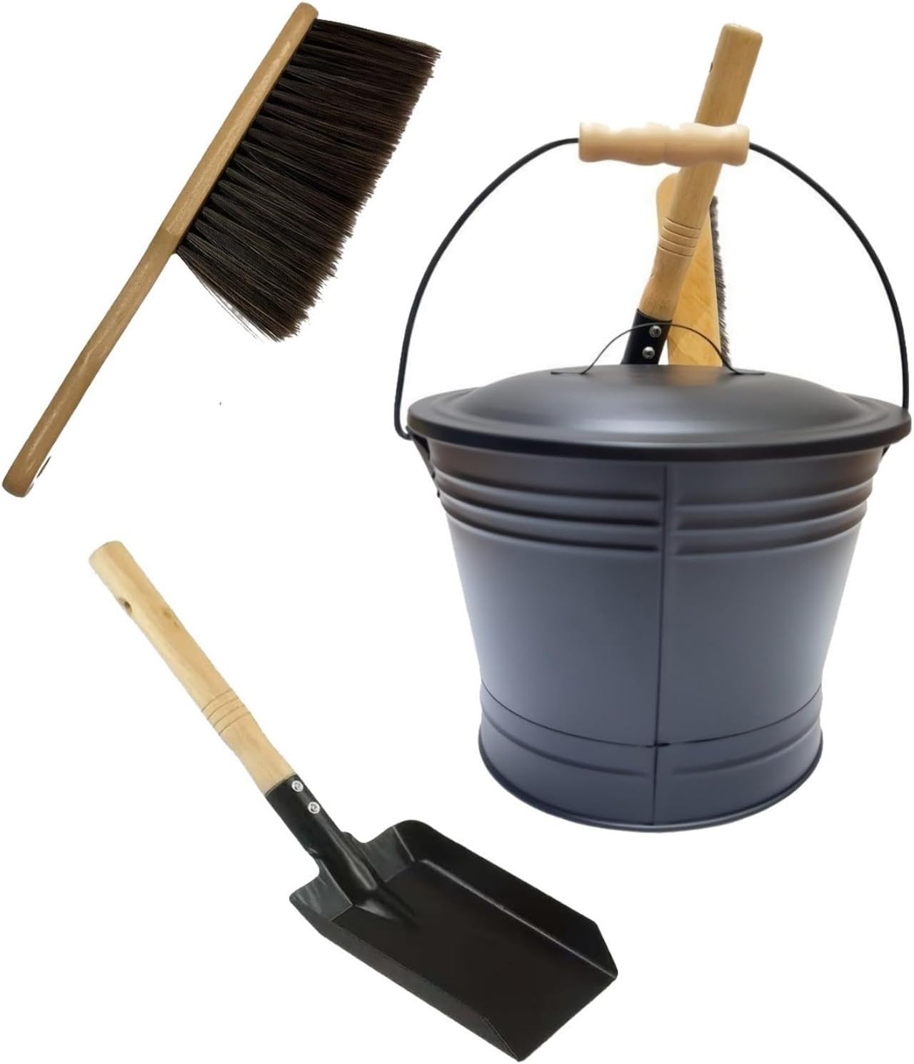 Ash-Bucket with Lid, 1.6 Gallon Fireplaces with Shovel and Hand Broom, Metal for Fireplaces, Fire-Pit, Wood Burning Stove, Black