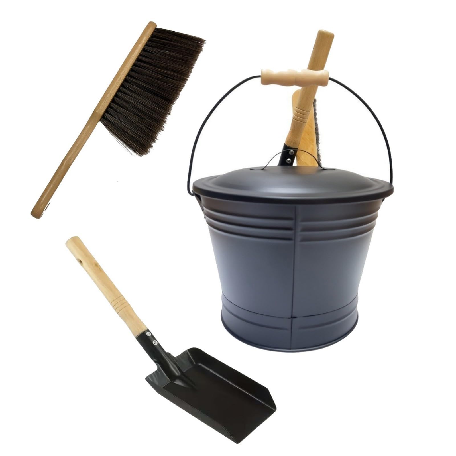Hogtnd Multicoloured Ash Bucket For Fireplaces, Round Charcoal Container With Shovel And Brush For Fireplaces, Barbecues, Outdoor Use, Portable Ash Cleaning Tool Set For Fireplaces