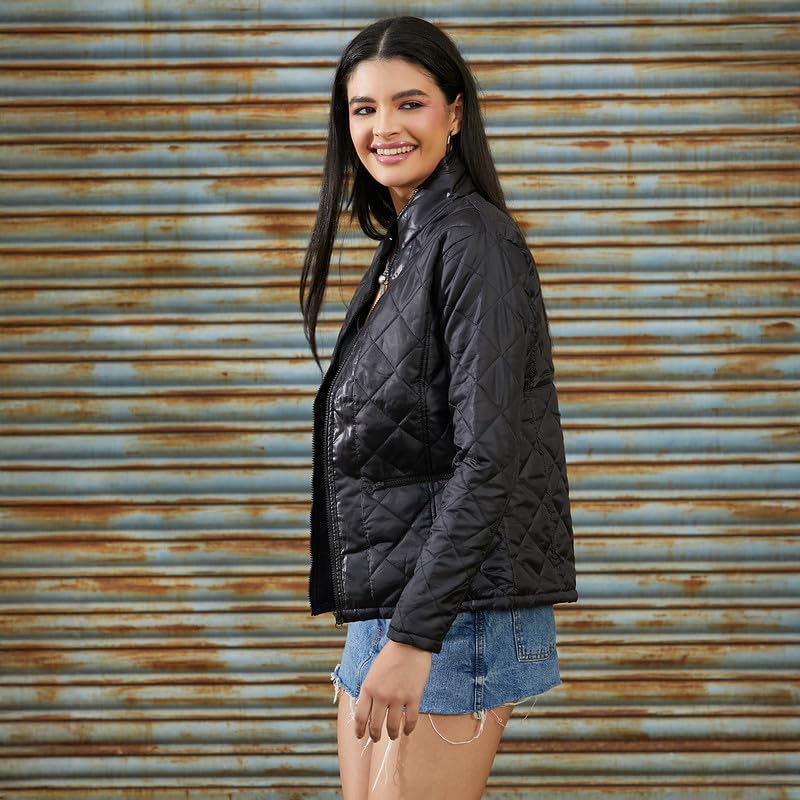 Image of PINACOLADA Women's Fleece-Lined Biker Jacket for Casual Wear | Spread Collar | Long Sleeve | Zipper Closure | Jacket Crafted with Comfort Fit for Everyday Wear