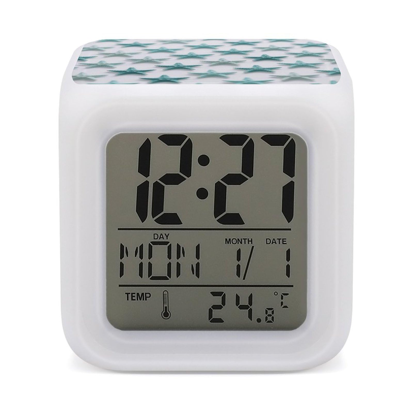 FodPand 7 Color Ambient Night Light Cube Battery Operated Starfish Digital Clock with Snooze Temperature LED Digital Alarm Clocks Dimmable Wake Up Light Portable Mood Lamp for Bedroom Desk Gift