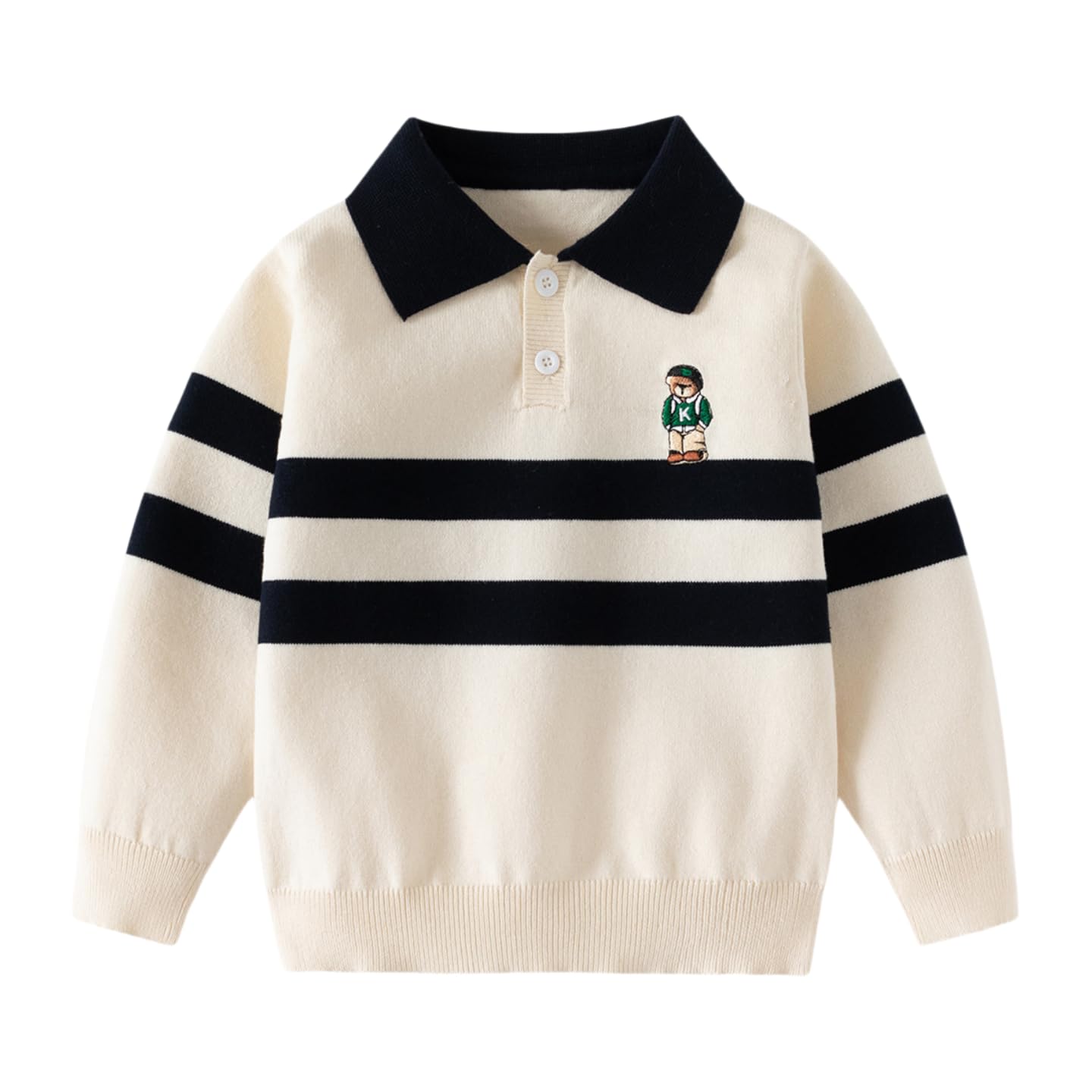 Meufam Boys/Girls Striped Knit Polo Collar Sweater Comfy Long Sleeve Button Baby Pullover Toddler Embroidery Sweatshirt (Beige,120/4-5 Y,Unisex,Big Kid,US,Age,4 Years,5 Years)