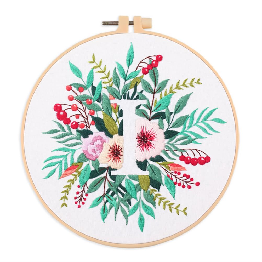 Meecaa Flower Leaves Plant I English Letters Embroidery Kit Starter Set, Hand Embroidery Set,Pattern Printed Cross Stitch Set for Beginner Adults, with Embroidery Hoop and Instructions (Letter I)
