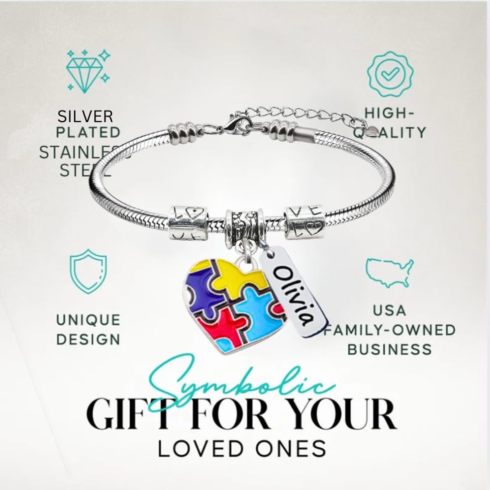 Infinity Collection Personalized Autism Awareness Name Bracelet – Adjustable Snake Chain with Puzzle Heart Charm and Customized Engraved Name Tag – Gift for Moms, Teachers, Friends, and Supporters2