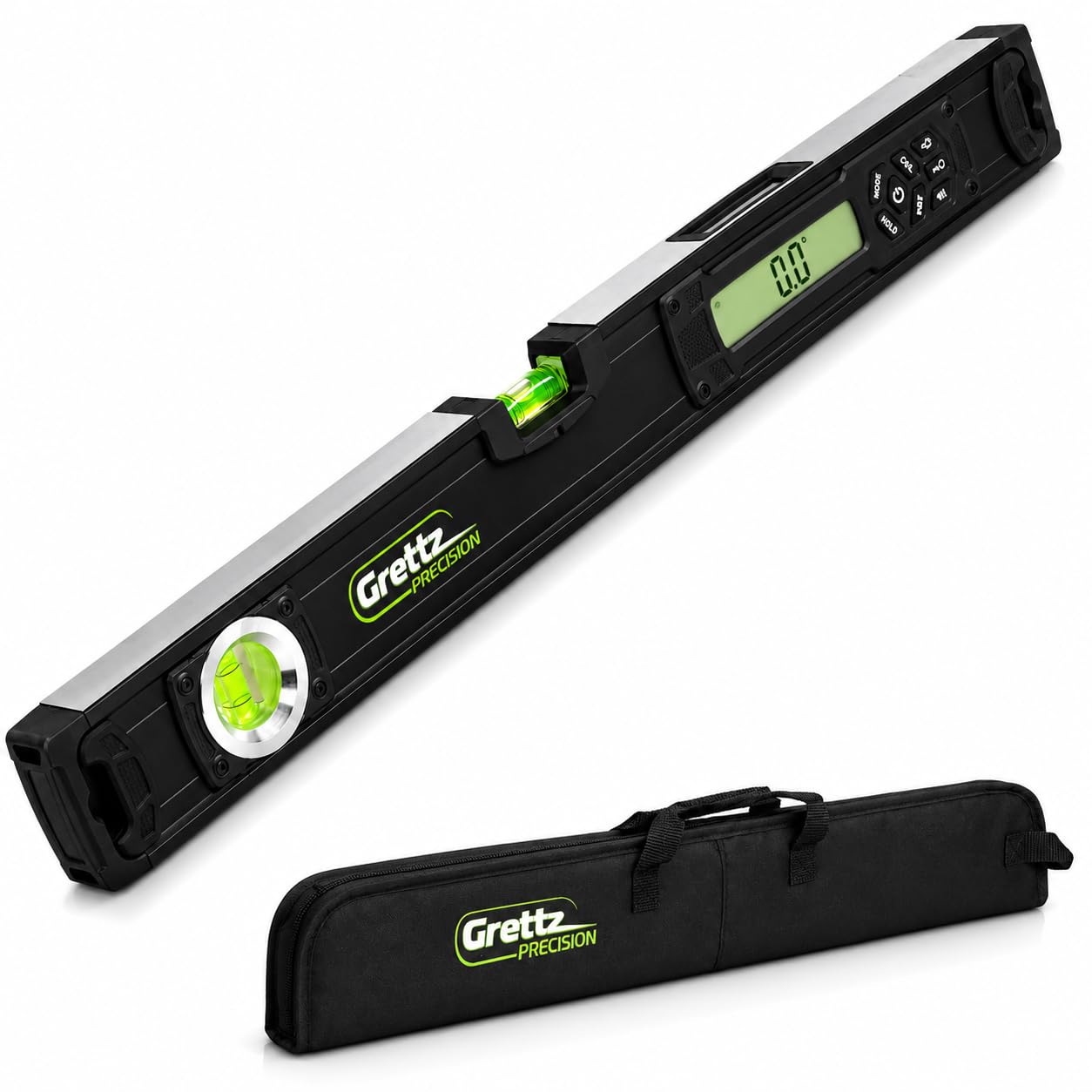 Grettz Nivel digital GL60 de 600 mm, pantallas retroiluminadas duales, clasificación IP65, bordes fresados, imanes de tierras raras, medición de precisión para oficios y bricolaje