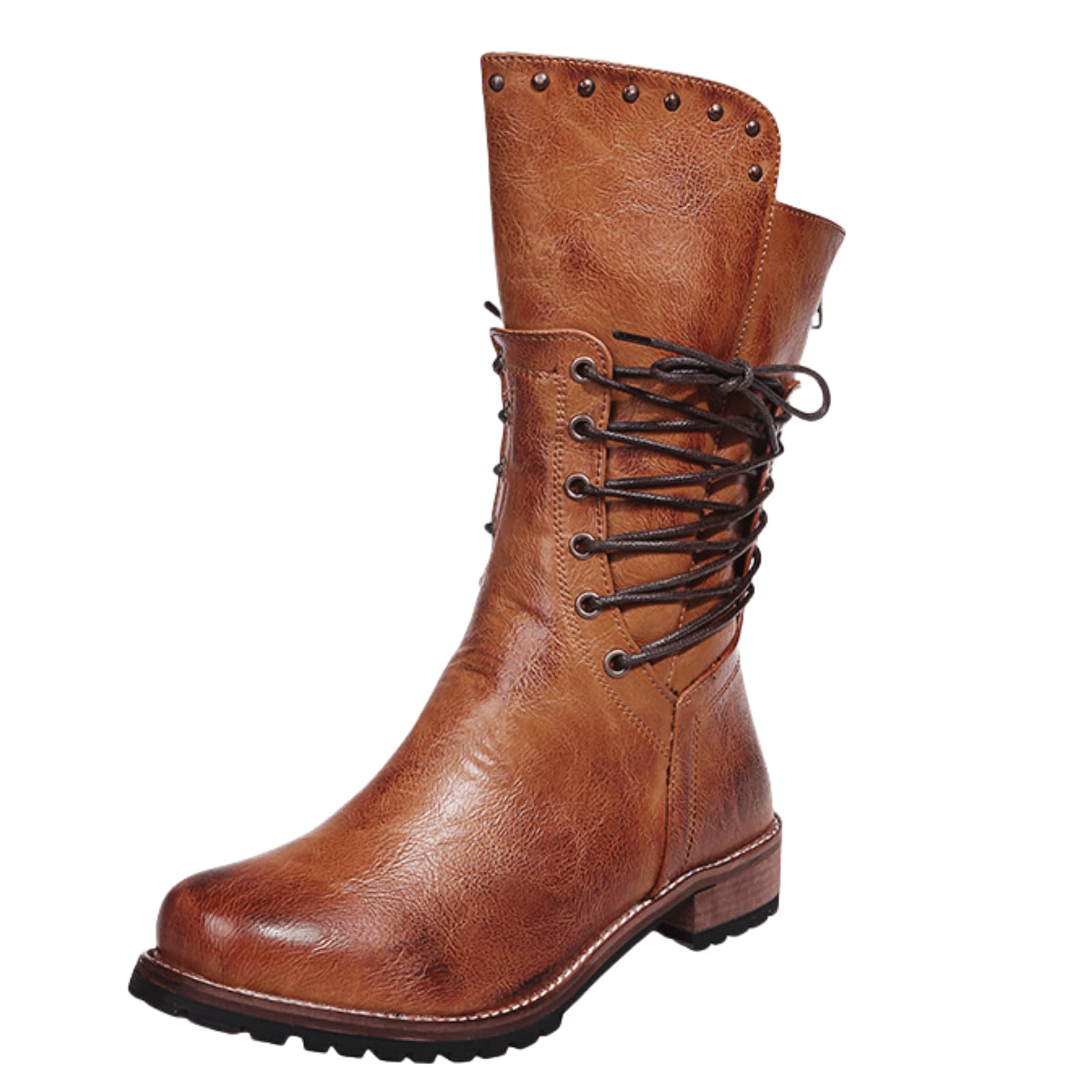 Mid Calf Motorcycle Riding Boots For Women Low Heel Round-Toe Punk Combat Military Biker Boots Dress Ankle booties