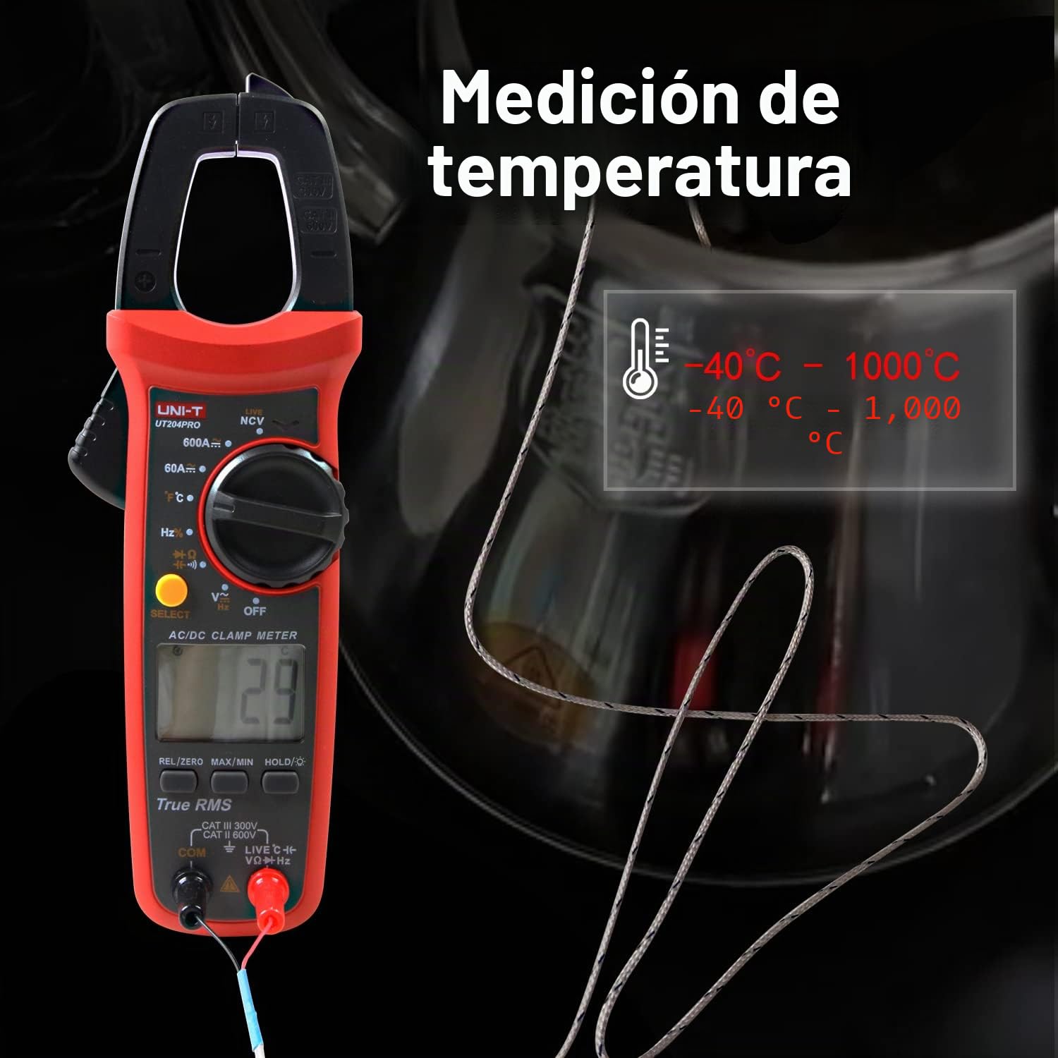 UNI-T UT204PRO Pinza Amperimétrica, Valor Eficaz Verdadero, con Detección de Pinza NCV, Tensión de 600A 600V CA/CC, Corriente, Resistencia, Temperatura,Detección de Cable Vivo, Diodo