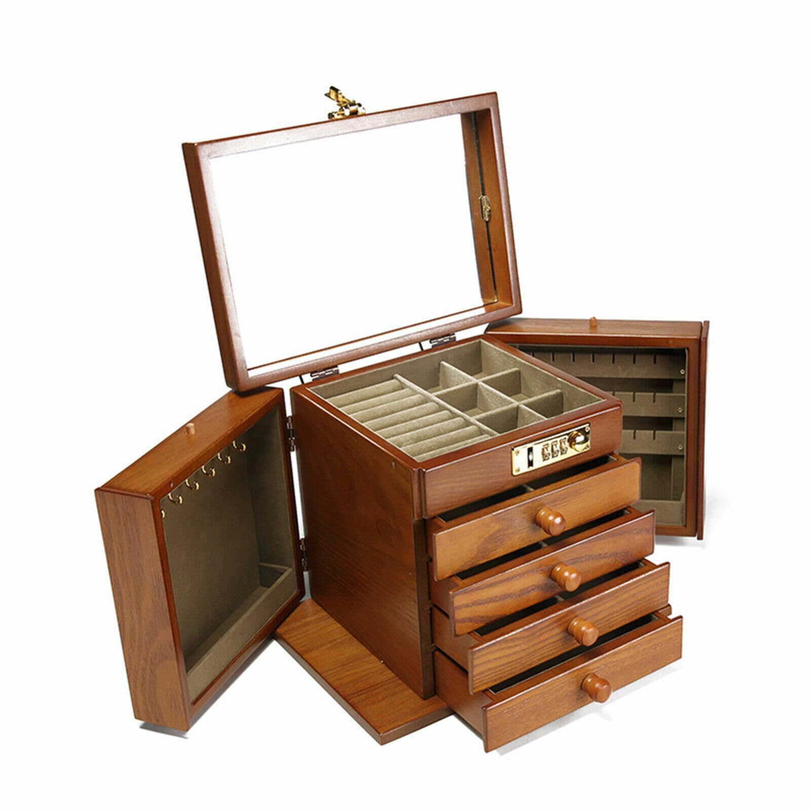 Schmuckkasten Schmuckschrank 5 Schichten Schmuckschrank Schatulle aus Holz Große Schmuckkästchen mit Spiegel 5 Schichten+2 ausklappbare Schränke Braun