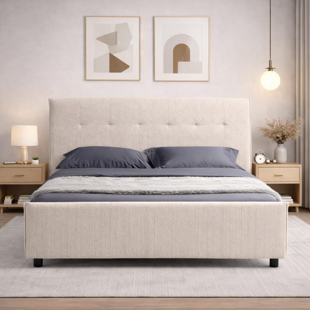 EVERGREENWEB - Letto Matrimoniale con Materasso Memory Foam + 2 Cuscini GRATIS, Rete a 26 Doghe in Legno 160x195 cm, Elegante Testiera Imbottita in Tessuto Morbido Beige, Struttura Rinforzata, DALLAS