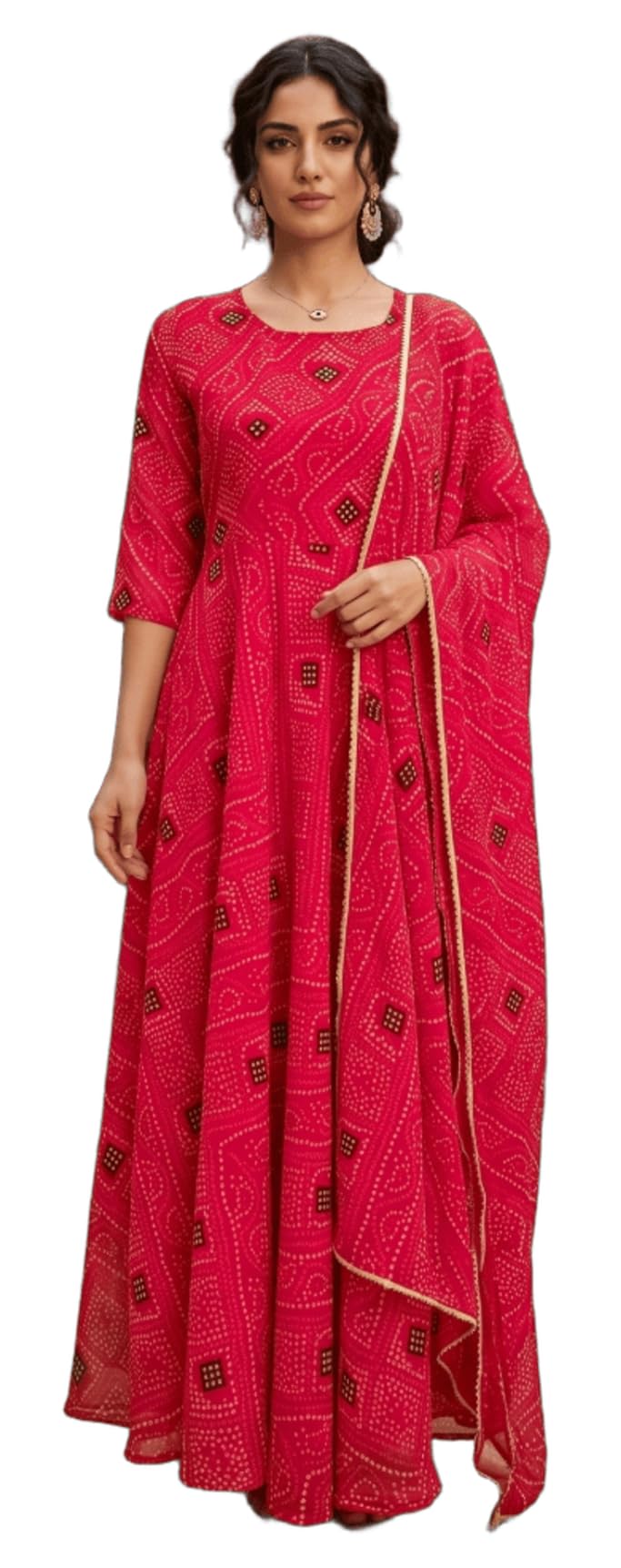 Women's Georgette Bandhani Print Flared Anarkali Gown with Dupatta, Red-image-22