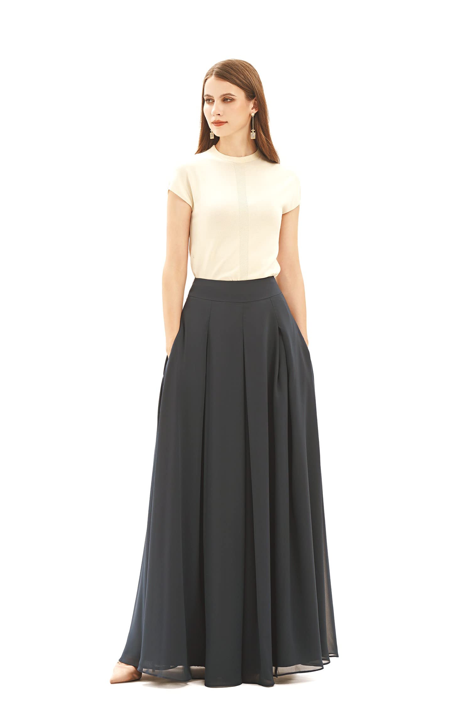 Diydress Women’s Long Chiffon Skirts Maxi Skirt Floor Length High Waist Formal Prom Party Skirts with Pockets