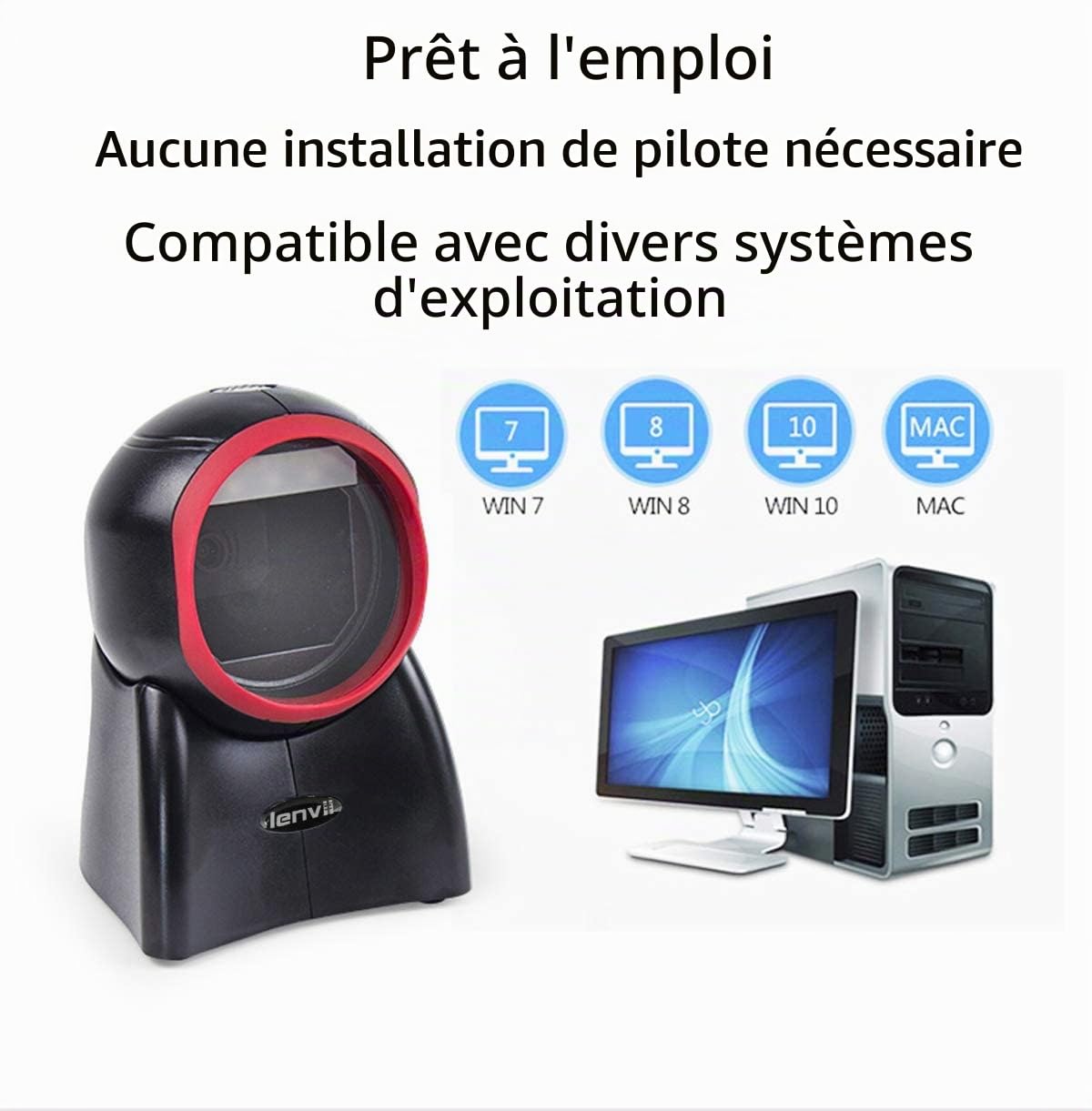 LENVII Omnidirectional Auto Lecteur de Code Barre USB,Scanner Code à Barres Mains Libres 1D/2D/QR Barcode Scanner,Scanner Code Barre pour POS PC Supermarché Librairie Retail Mall