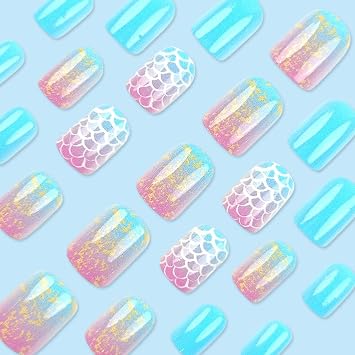 Press on Nails Square Short Starry Sky Scales Design Spring Simple Fake Nails Press ons Blue Nail Tips Artificial Acrylic Set Full Cover False Nails Glossy Stick on Nail for Women 24Pcs