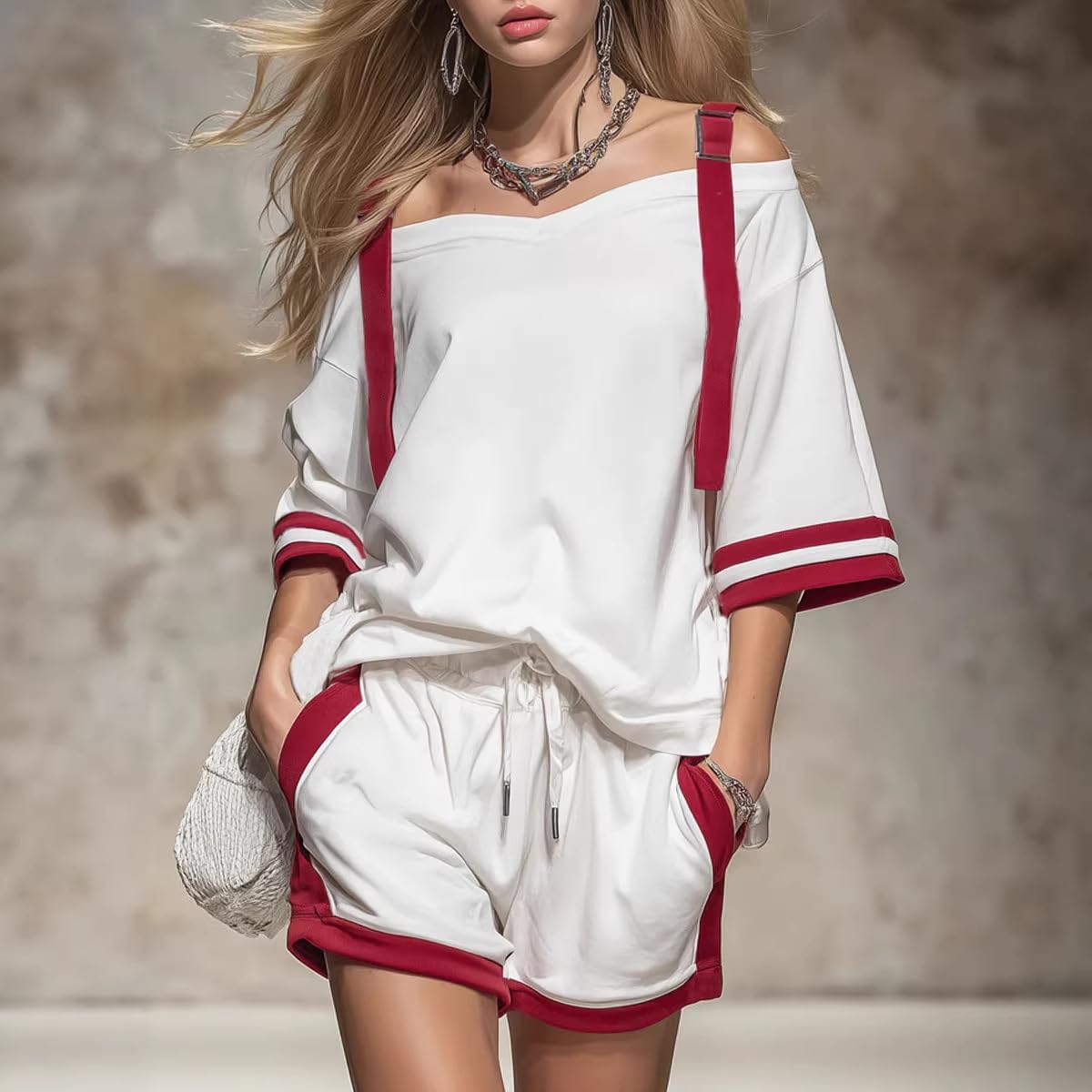 Women's Summer Contrast Color-Block Patchwork Shorts Set, Off Shoulde Short Sleeve T-Shirt and Drawstring Shorts Set