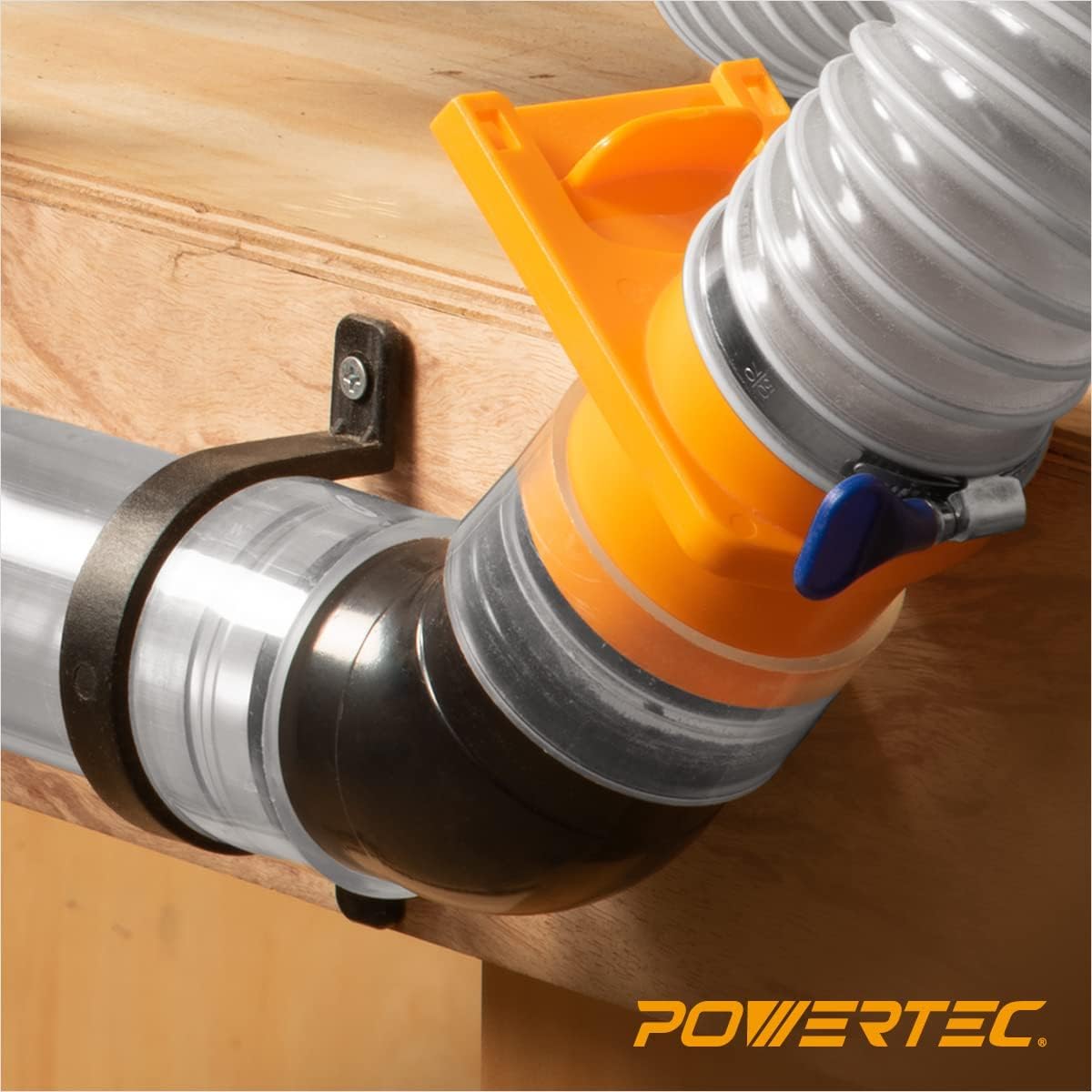 POWERTEC 70430 PVC-Staubsammelschlauch, flexibel, transparent, mit 10,2 cm bis 6,4 cm Schlauchkegel-Reduzierstück und 10,2 cm Armaturen-Set mit Anschlüssen, Strahltoren und Schlüssel-Schlauchschellen