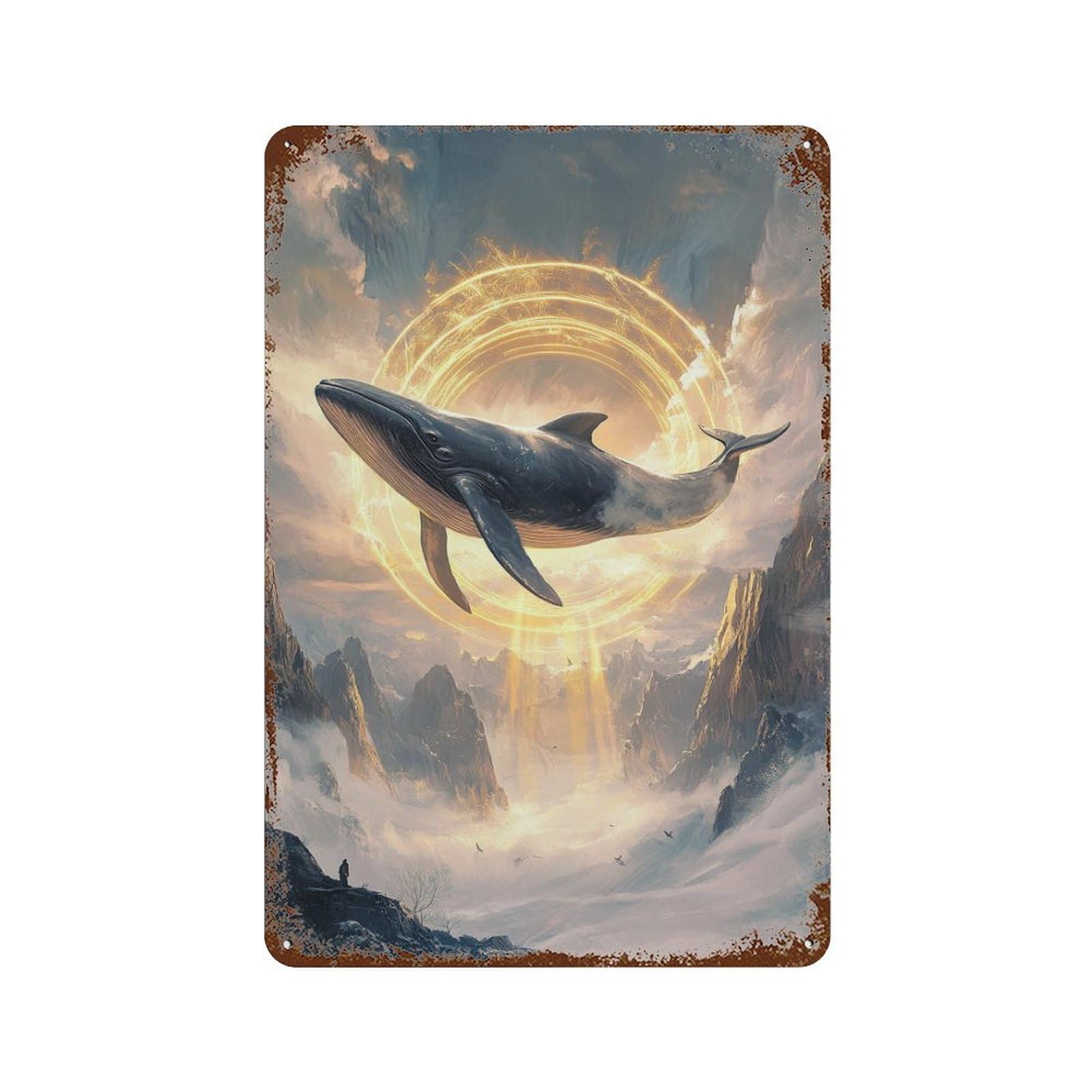 Rustic Tin Plaque with Whale in Sky with Glowing Circle Design 11.8"x7.9", for Cafe, Home Bar And Lounge Decor, Novelty Wall Decor