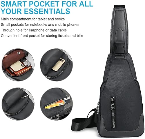 Miniatura 4 de Mochila bandolera con puerto de carga USB, bolsa de pecho cruzada para hombre, senderismo, ciclismo, viajes