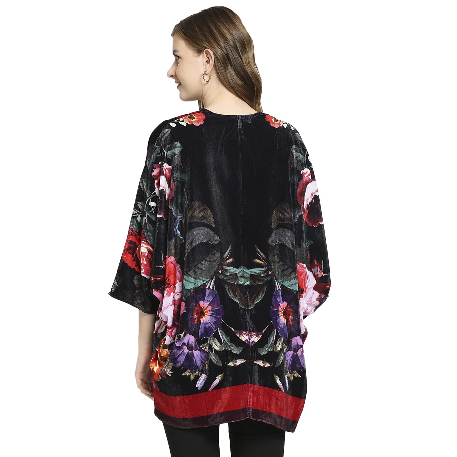 New Year Sale Cloth Haus India Women Red &Amp; Black Flower Printed Open Neck 3/4Th Length Kimono Sleeves Velvet Cocoon Jacket/Shrug