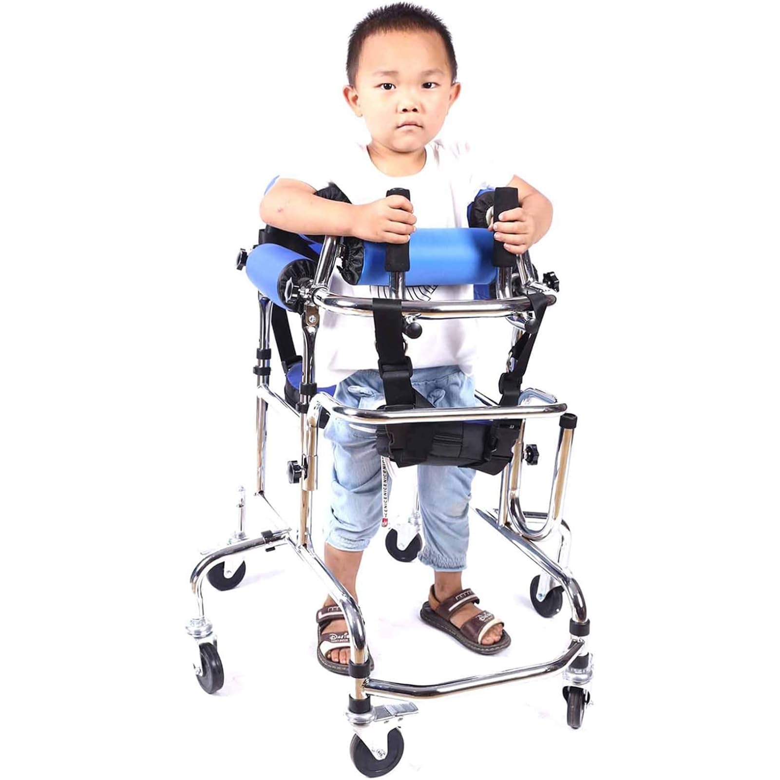 Andador ajustable de aluminio ligero con asiento para niños con parálisis cerebral y discapacidades