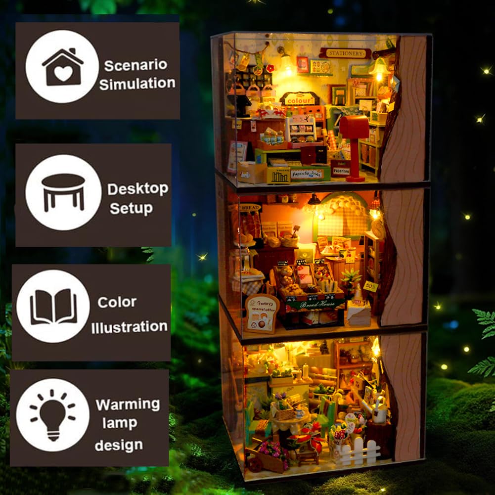 Zestaw do samodzielnego wykonania miniaturowego domu, z oświetleniem LED i pudełkiem na muzykę, z osłoną przeciwpyłową, kreatywny zestaw do majsterkowania, kreatywna figurka dekoracyjna (3 szt.)
