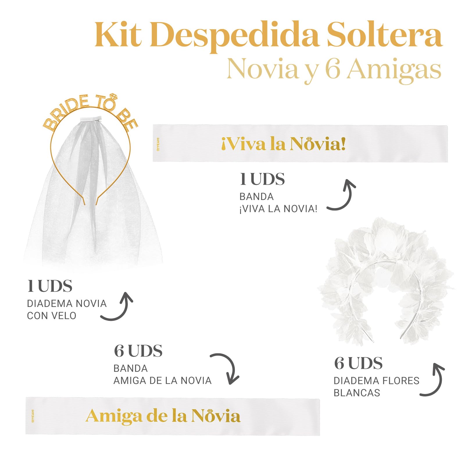 OH YEAH - Kit Despedida de Soltera Novia y Amigas - Bandas y Diademas - Accesorios Despedida Soltera - Team Bride - Diadema Bride To Be con Velo - Diademas Flores Blancas (Blanco, Novia + 6 amigas)