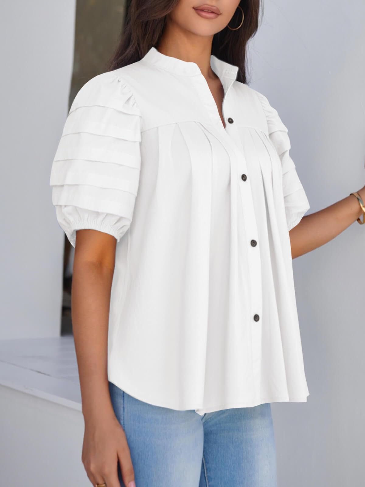 Tankaneo Camicette da donna a maniche corte con bottoni, in cotone, plissettate, alla moda, casual, vestibilità ampia