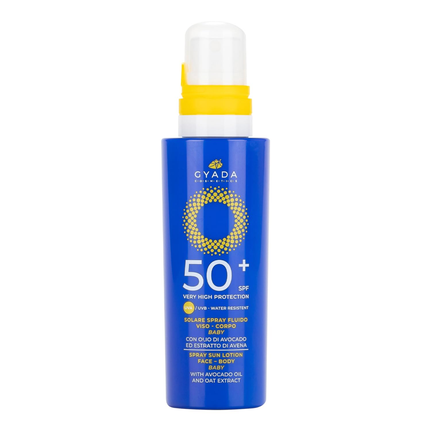 GYADA COSMETICS, Spray Solaire SPF50+ Spray Visage Corps Bébé Très Haute Protection, Nourrissant, Crème Solaire pour bébés et cheveux sensibles, Absorption rapide, Résistant à l’eau, Non gras, 150 ml