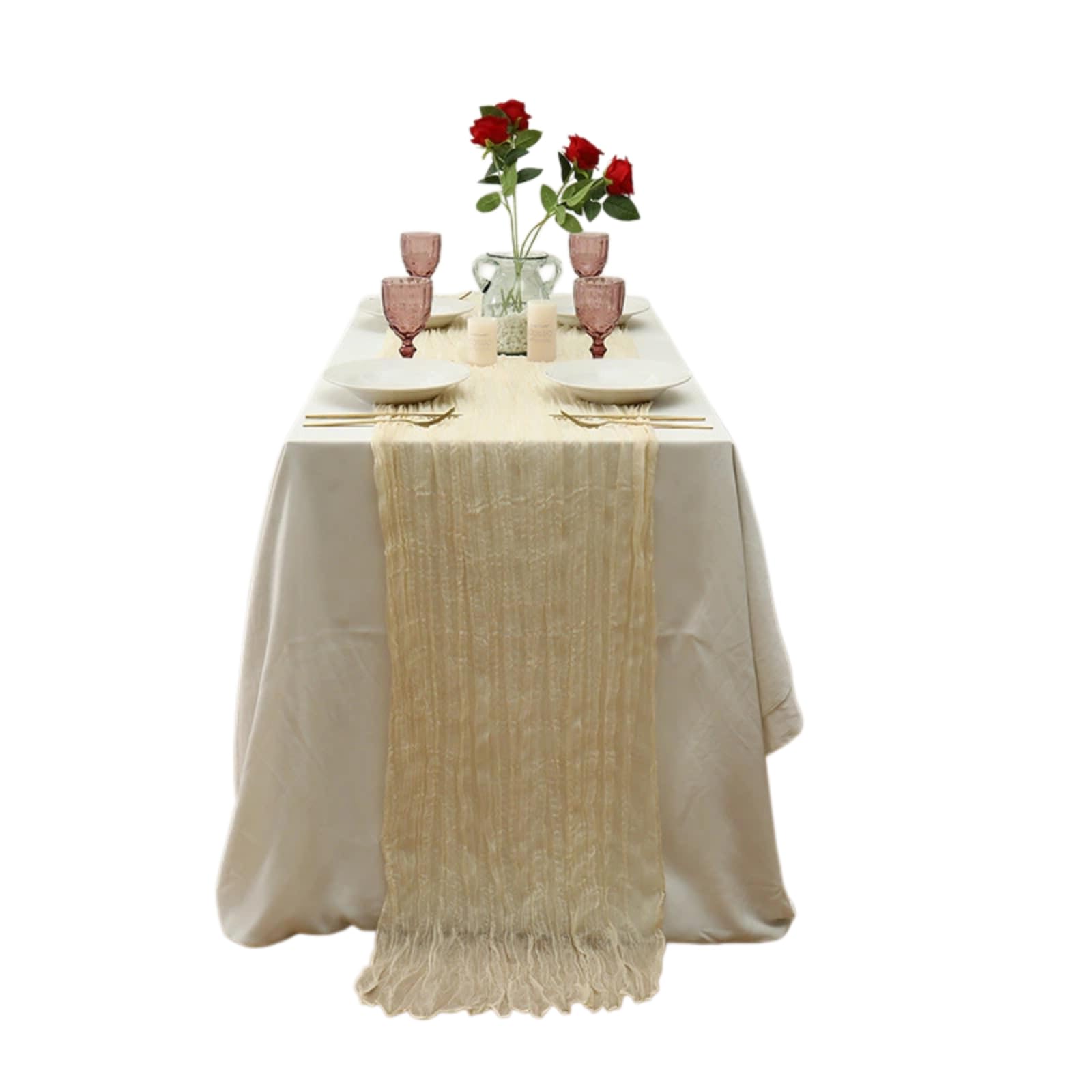 Crinkled Sheer Gauze Table Runner, Semi Transparent Boho Cheesecloth Table Runner for Wedding Birthday Dinner Party Bridal Shower Restaurant Table Decor