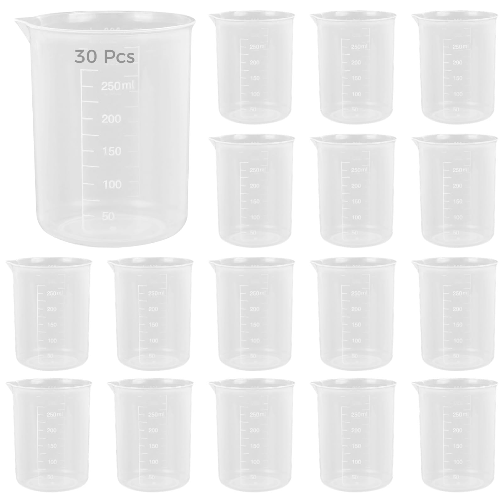 30 Stk. Graduierte Kunststoff Messbecher, wiederverwendbarer Messbecher mit Skala, 250 ml Fassungsvermögen, konischer Ausguss, ideal für Labor, Backen, Kochen