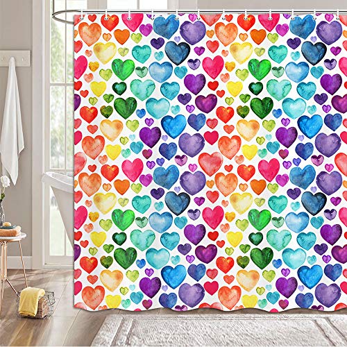 MERCHR Colorful Heart Shower Curtain, Rainbow Valentine Romantic Heart Cute Bathroom Decor, Geometric Rainbow Design Cloth Fabric Bathroom Decor Set with Hooks 69×70