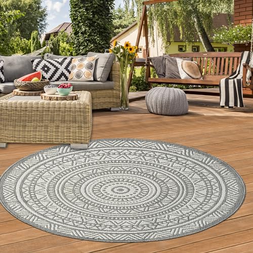 Teppich-Traum Teppich Outdoorteppich Wintergarten Terrassenteppich Aussenbereich Terrasse Balkon Aussenteppich mit Zeitloser Mandalaoptik in Grau, 120 cm Rund