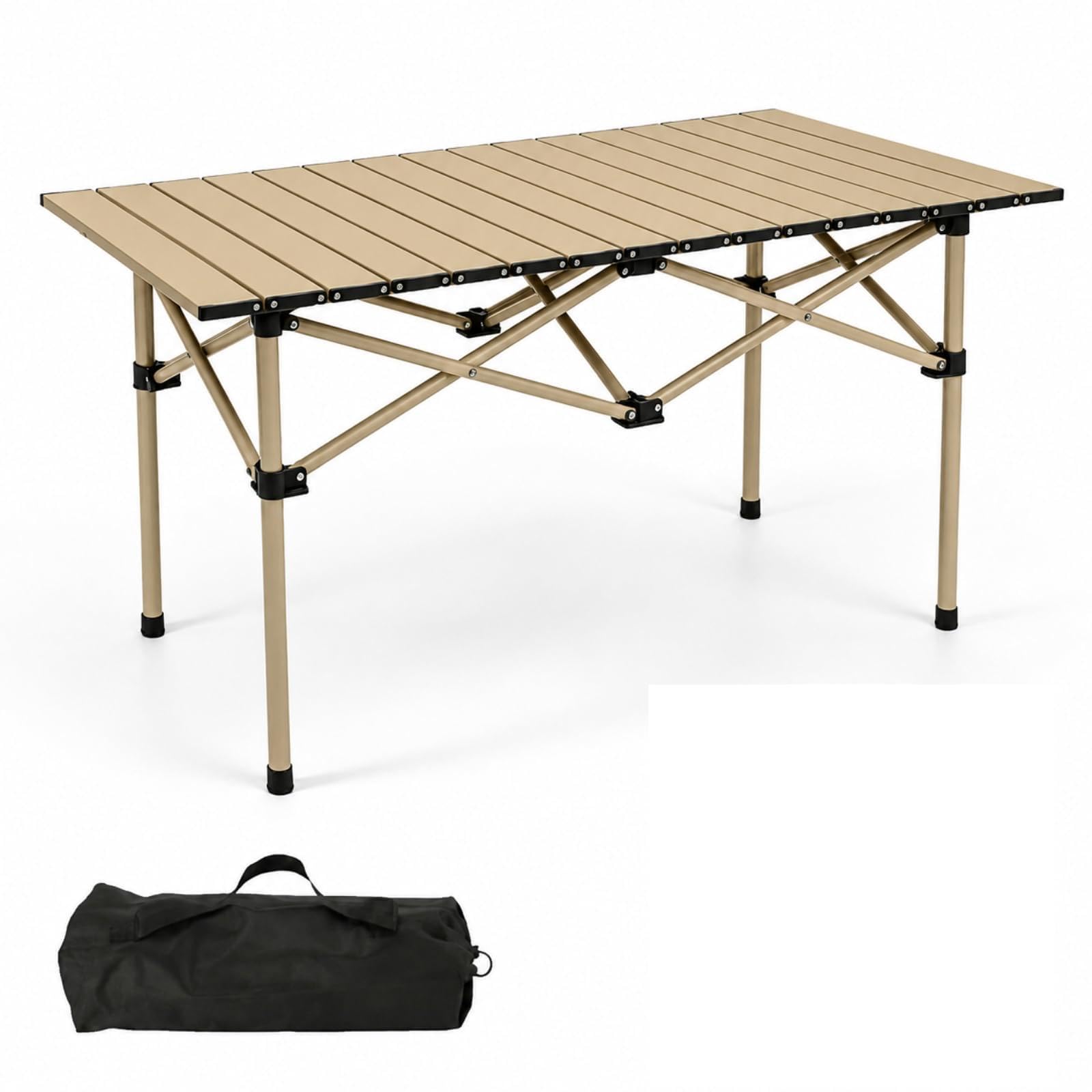 Campingtisch Klappbar, Campingtisch Faltbar, Rolltop-Campingtischs, Campingtischs Grilltisch 95 x 56 x 50 cm, Gartentisch Balkontisch Reisetisch, für Garten Strand Picknick, Höhenverstellbar (Beige)