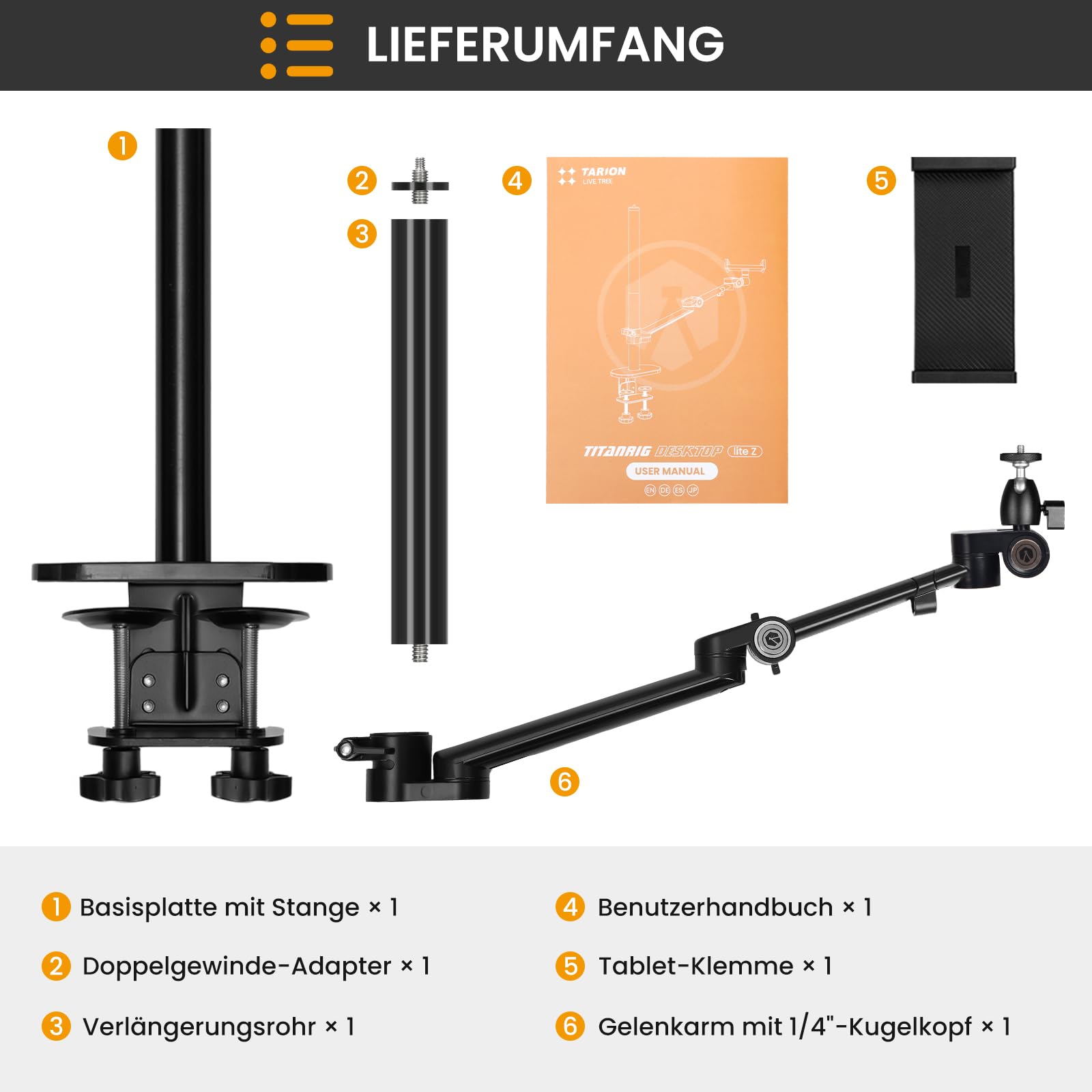 TARION Tischstativ Kamera Tischhalterung Klemmstativ: Kamera Overhead Stativ Tisch Halterung Flexibel Gelenkarm Tischklemmstativ mit Tablet Klemme für DSLR Kameras Ringlichts Webcam Titanrig Lite Z