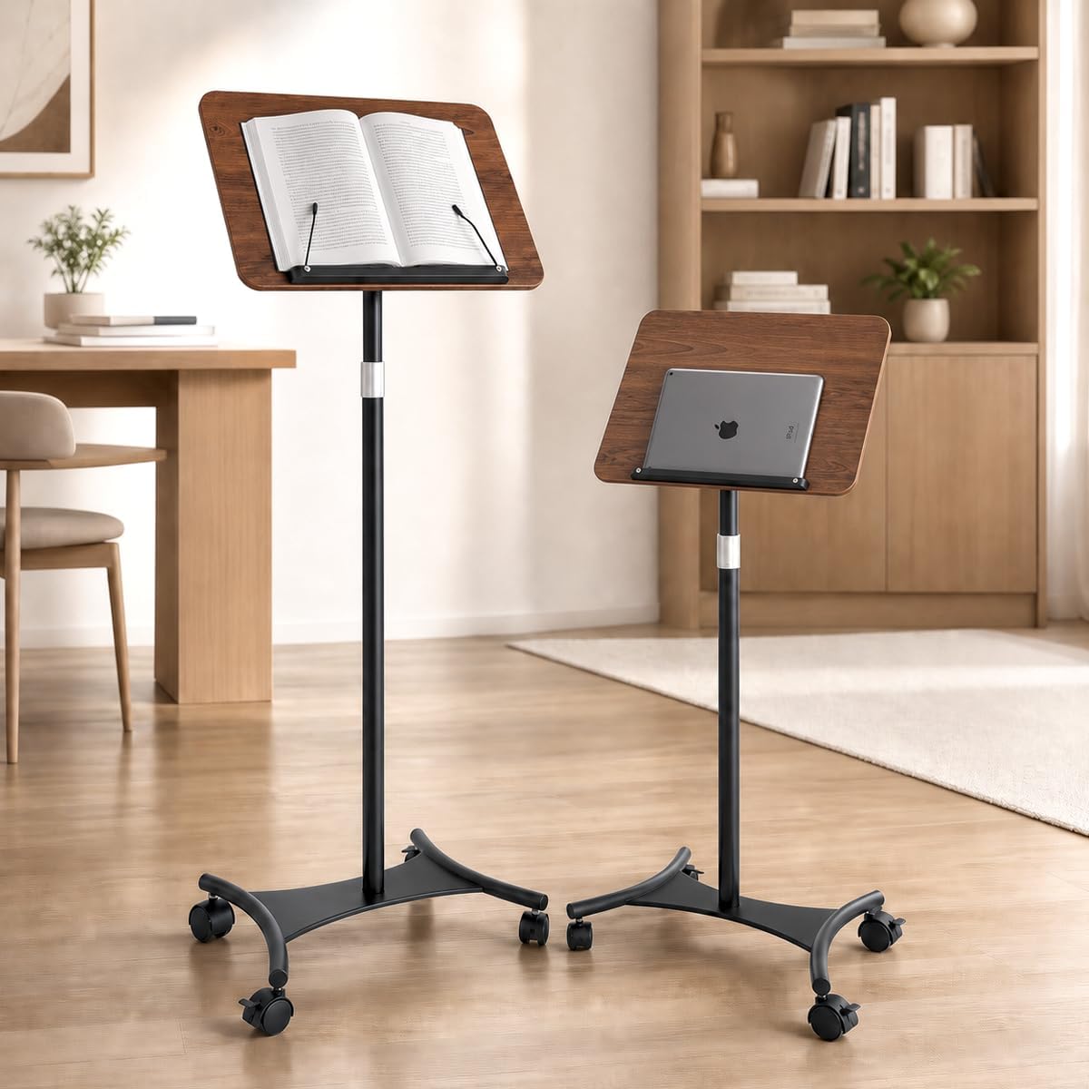 Rolling Book Stand for Reading, 360° Adjustable Large Panel Floor Book Stand with Wheels, Lockable Casters, Page Clips & Book Stopper for Textbooks, Bible, Cookbook, Sheet Music