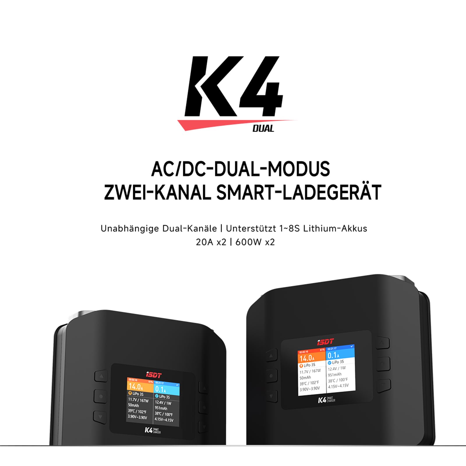 ISDT K4 Lipo Balance Ladegerät,Dual Port 1~8S 400~600W x 2 AC/DC Intelligentes Smart Batterie Multi-Ladegerät mit Entlader für Boot/-Flugzeug/Drohne/Airsoft/Modellbau