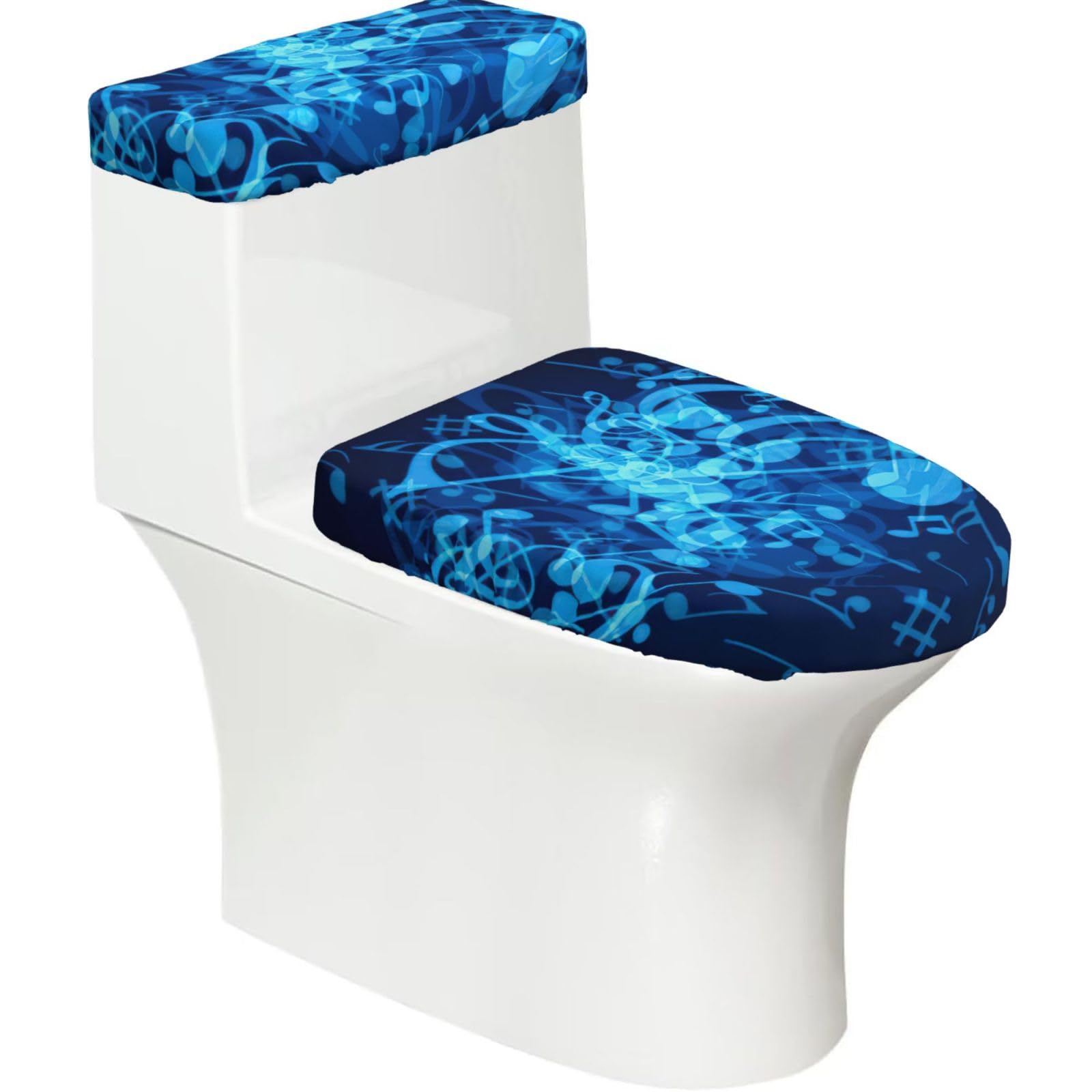 Blue Musical Notes Print Bathroom Decor Toilet Lid Cover And Tank Covers, Restroom Accessories Fits Most Round