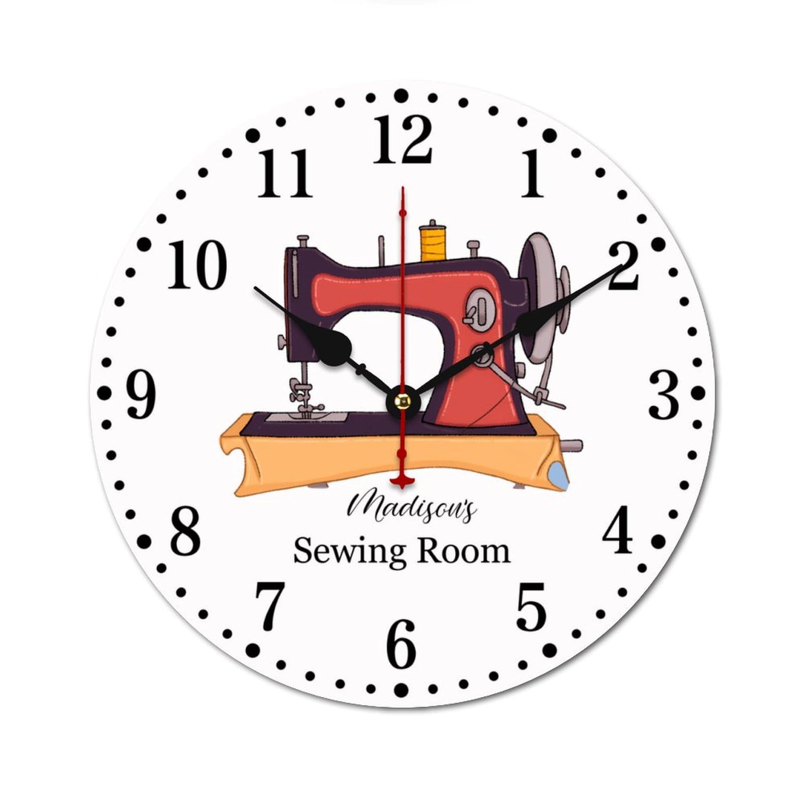 10 Inch Personalized Sewing Room Wall Clocks Custom with Name Decorative Round Wood Clock Battery Operated Silent Non Ticking for Sewing Room Wall Art Decor