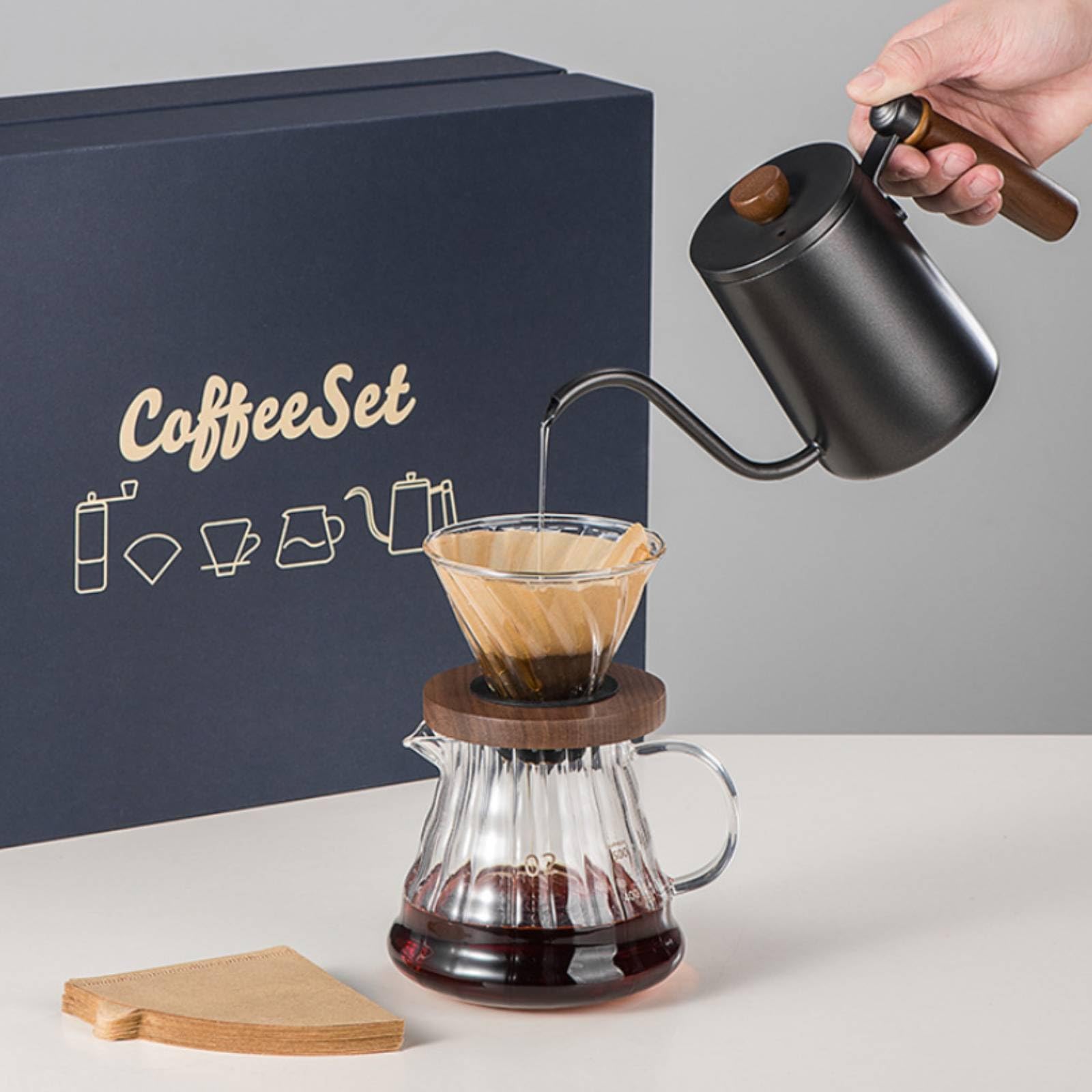 Kaffee Brühset Kaffeezubereiter Pour Over Handfilter Kaffeekessel Glaskaraffe Papierfilter mit Transparenter Karaffe Und, Schwarz, 4-Teiliges Kaffee-Geschenkset Bambus-Holzfiltertasse