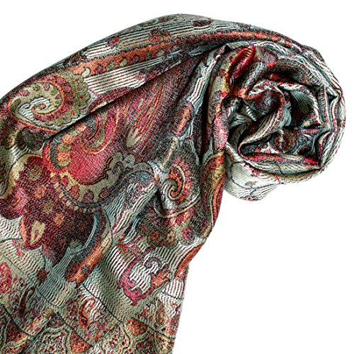 Lorenzo Cana Jedwabny szal dla kobiet, szal ze 100% jedwabiu, tkany szal damski, elegancki wzór Paisley, wielokolorowy, szaro-zielono-wielokolorowe, 35 x 160 cm