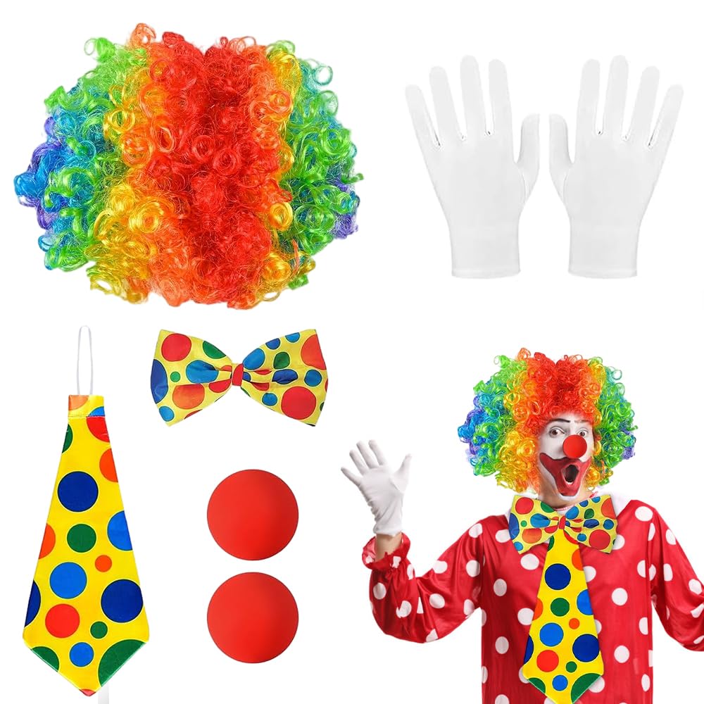 mizikuu 5 Stück Clown Kostüm Set, Clown Accessoire Faschingskostüme Kostümzubehör Regenbogen Lockenperücke Krawatte Nase Handschuhe Erwachsene Kinder für Clown Partys Karneval Kostüm Zubehör
