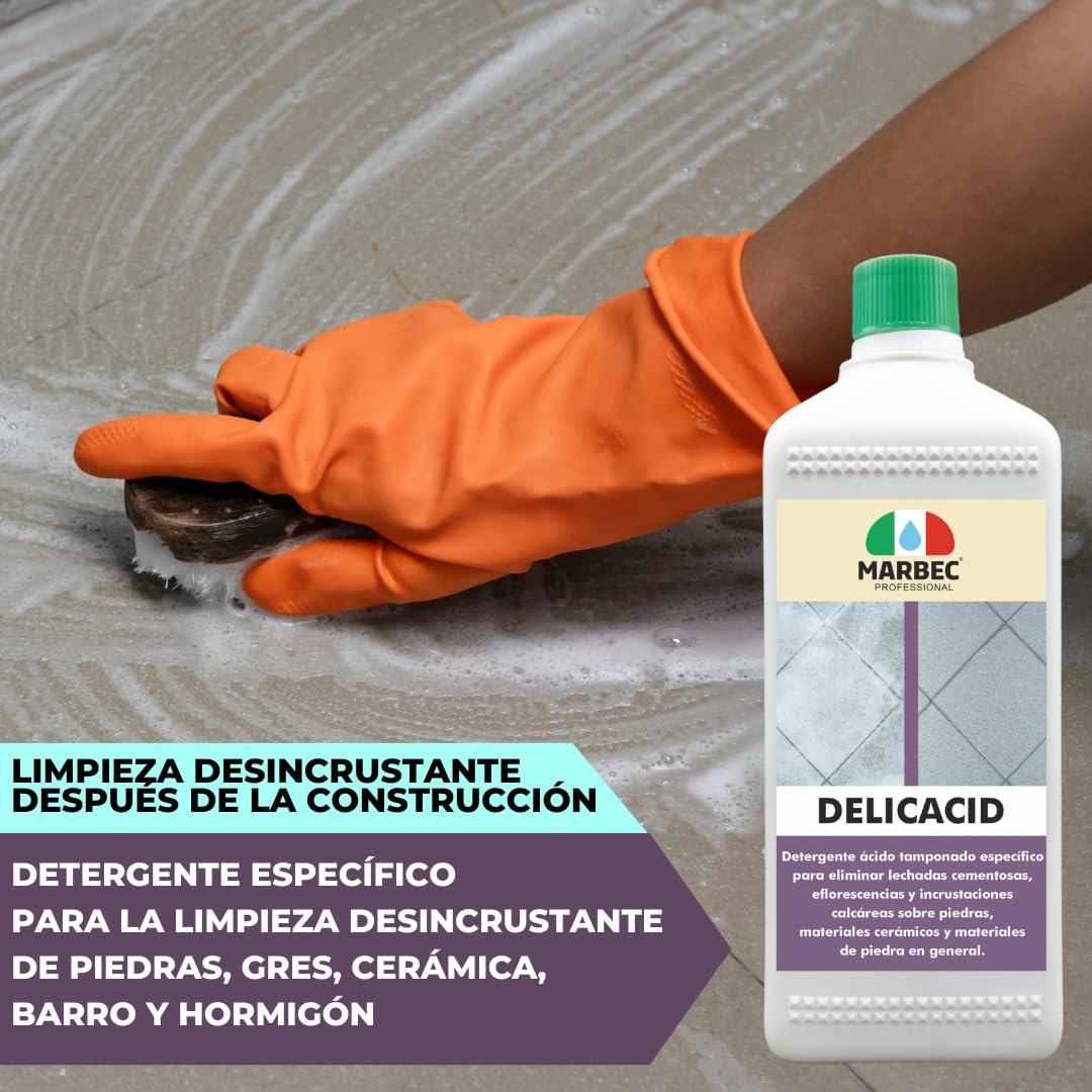 MARBEC DELICACID 5LTx4Uds Ácido tamponado delicado específico para piedras, cerámica y materiales lapídeos incluso delicados