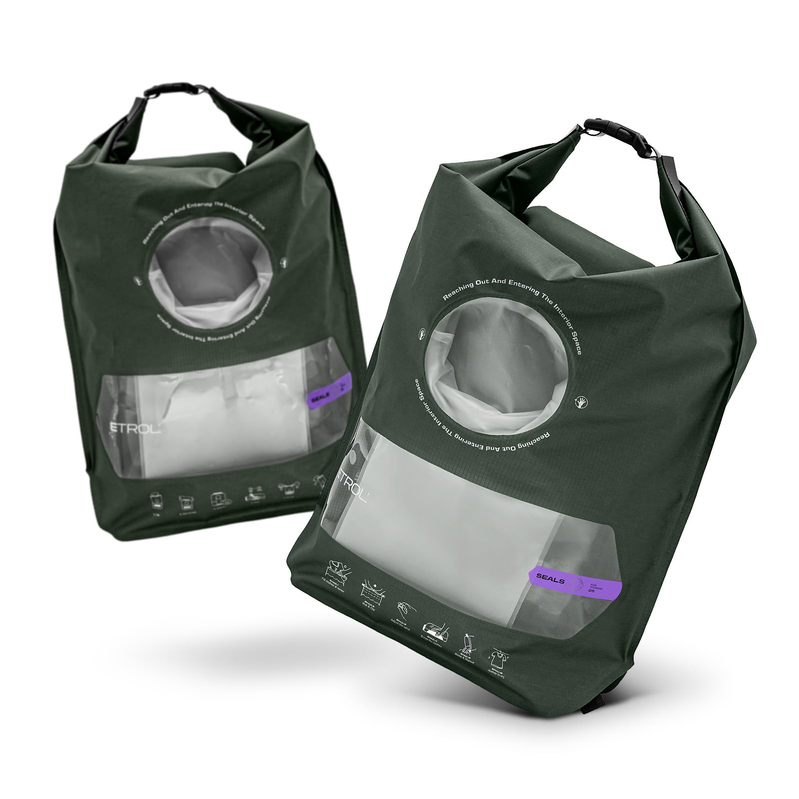 ETROL Wash Bag Portable Washing Machine, Lightweight Manual Washing Machine for Travel, Camping, Laundry, Baby Clothes, Non-Electric, With Bottom Water Outlet and Compartment - L, Green，2PCS