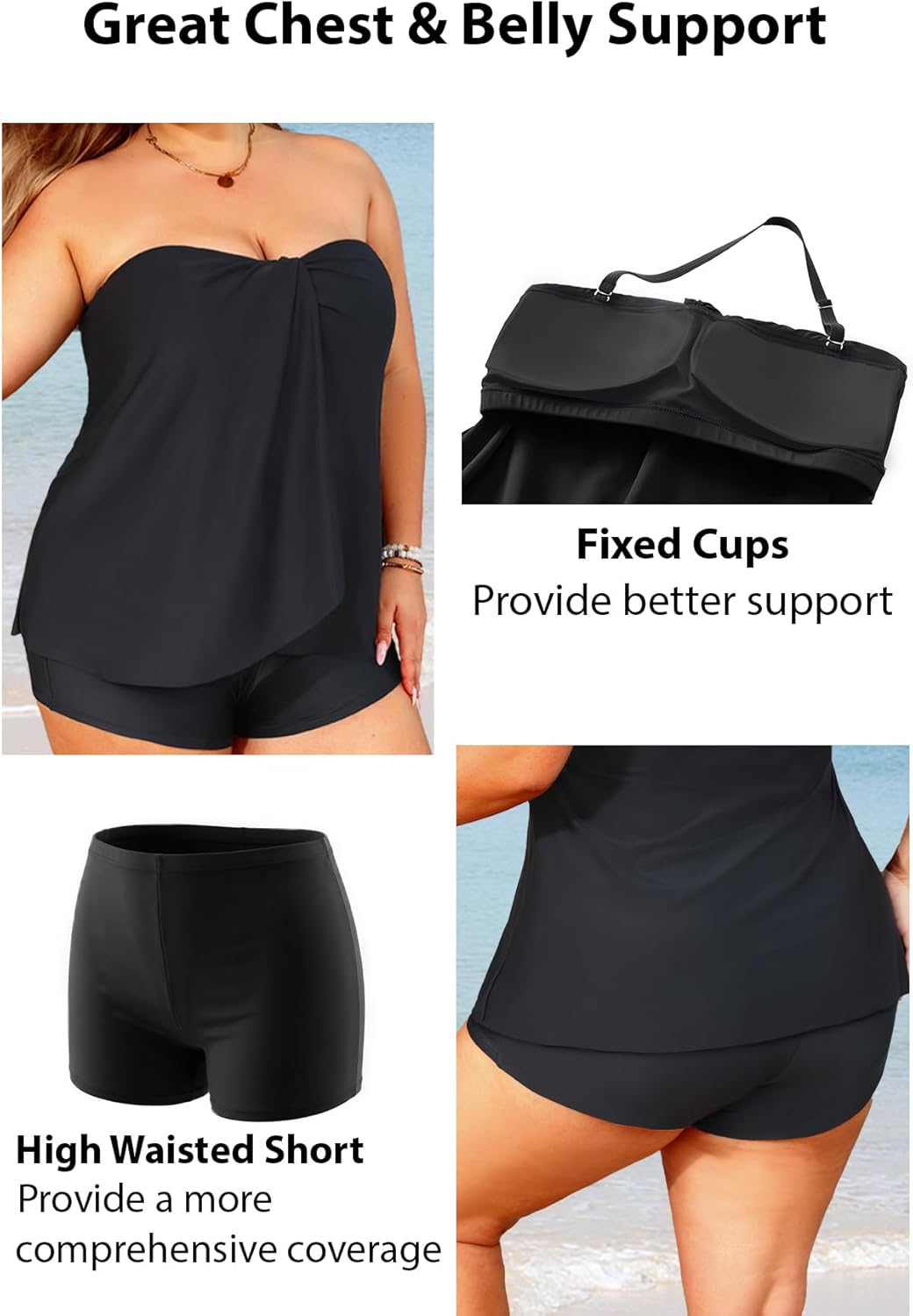 Daci Plus Size Bandeau Tankini Swimsuit for Women 2 Piece Halter Swim Top with Shorts Tummy Control Bathing Suits