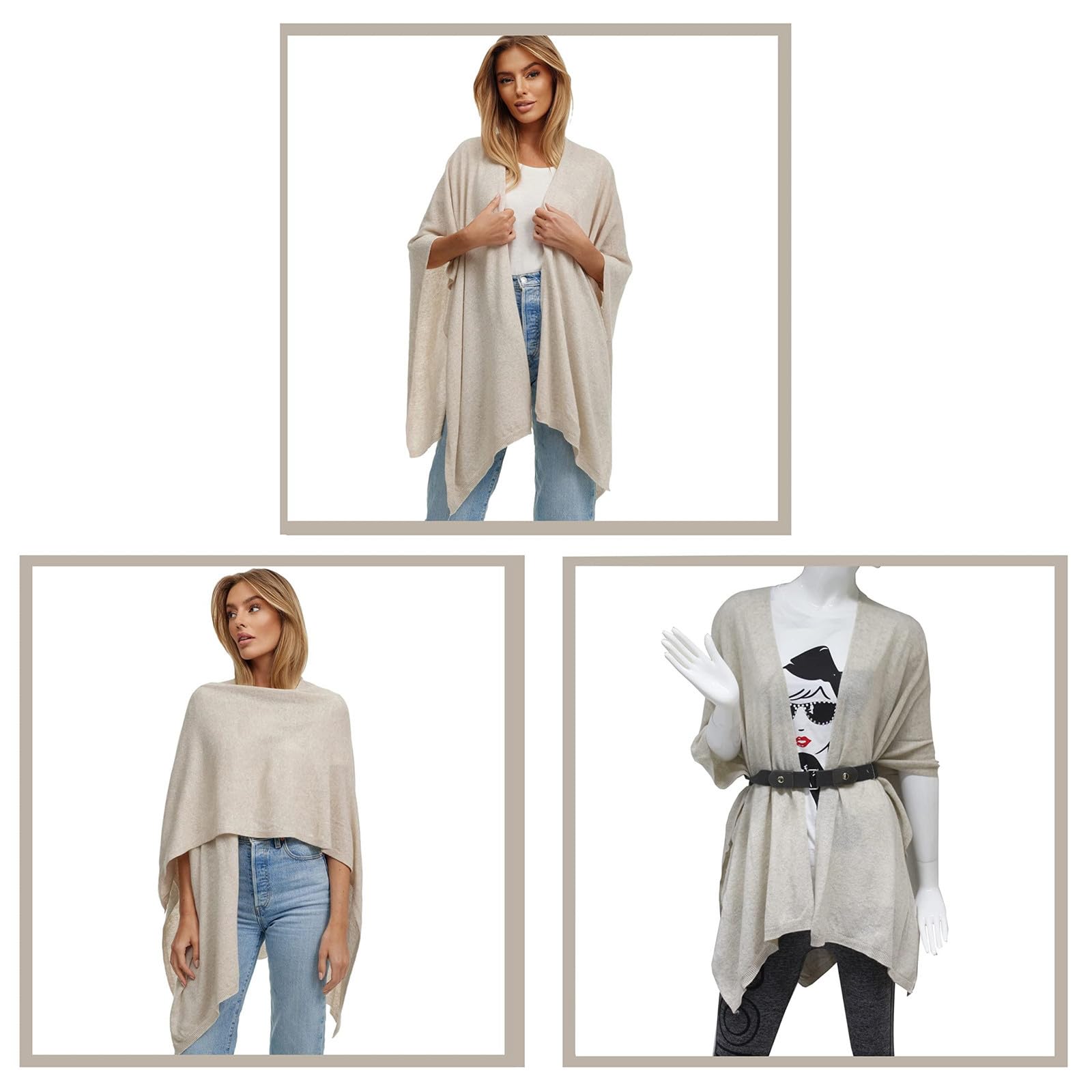 Glamexx24 Poncho Écharpe Femme Toucher Cachemire Cape en Maille Femme Poncho Cardigan XXL Châle pour Printemps et Automne Fabriqué en Italie
