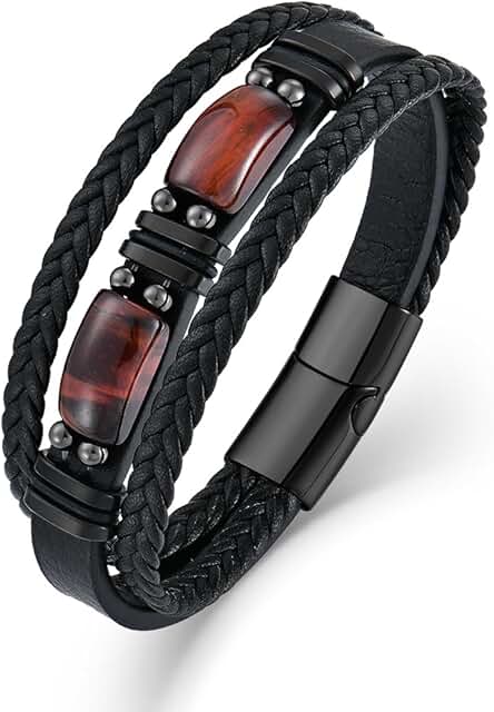 Mens Leather Bracelet Natural Tiger Eye Protection Multilayer Braided Wr...
