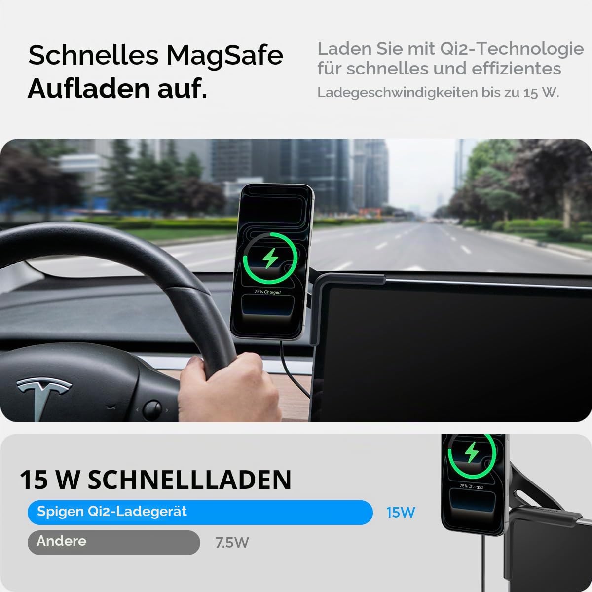 Spigen Tesla Model Y(~Juniper 2026)/3(~ Highland 2026)/S/X Qi2 MagSafe Handyhalterung mit Ladefunktion【Montage ohne Klebstoff】 KFZ Auto Handyhalterung Kompatibel mit iPhone 17/16/15/14/13 Pro Max Air