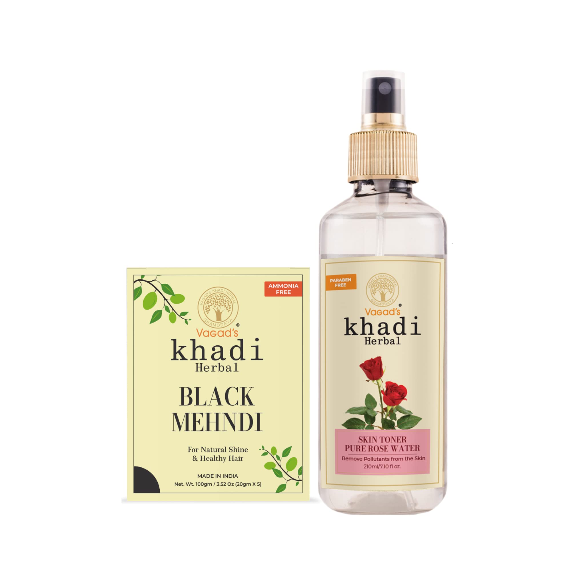 Vagad’s Khadi Black Mehndi 100gm | Natural | Ammonia Free Henna with Vagad's Khadi Rose Water 210ml | remove pollutants and impurities | Parabens Free | Silicon Free